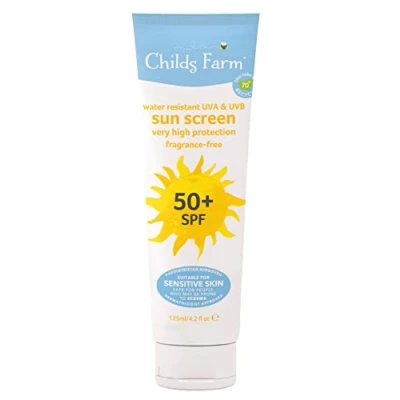 Abbildung von Childs Farm Kinder und Baby Sonnencreme LSF 50+, 125 ml, wasserabweisend, UVA UVB Strahlschutz, sehr hoher Schutz, geeignet für trockene, empfindliche zu Ekzemen neigende Haut