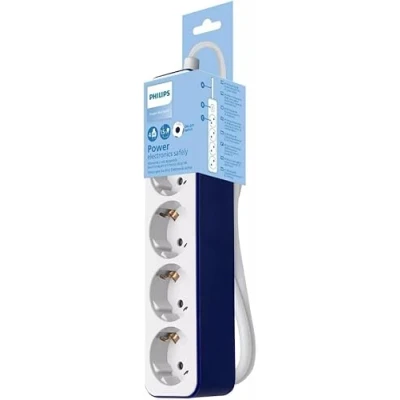 Abbildung von Philips CHP2145U Steckdosenleiste mit 4 Steckdosen, Stromversorgungsverriegelung, 1.500 W, geflochtenes Netzkabel, 1,5 m, hohe Widerstandsfähigkeit, Sicherheitsverschluss (LED Anzeige) Weiß/Blau