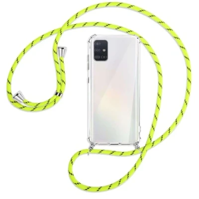 Abbildung von mtb more energy Handykette kompatibel mit Samsung Galaxy A51 (SM A515, 6.5&#039;&#039;) Neon Gelb gestreift Smartphone Hülle zum Umhängen Anti Shock Full TPU Case