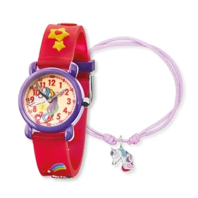 Abbildung von Herzengel Kinder Uhrenset mit Einhorn Motiv analoge Armbanduhr, robustes Kunststoffgehäuse, weiches Band, 27mm, 3ATM passendem Nylonarmband und Stiftemäppchen