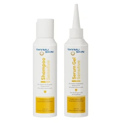 Abbildung von THYMUSKIN Sensitive Set: Bei diffusem Haarausfall und kleinen, kahlen Stellen. Stimuliert den Haarwuchs. SET (1 x 100ml Shampoo + 1 Serum Gel)