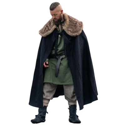 Abbildung von Leonardo Carbone® Unisex Wikinger Umhang Janne mit Kunstfell Mittelalter Kleidung Damen &amp; Herren, Cape Männer, Hobbit Kostüm, LARP Kleidung, Wikinger, Cosplay Halloween, Karneval Schwarz