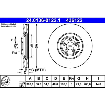 Abbildung von ATE 24.0136 0122.1 Bremsscheibe 380,0 36,0 5 108,0 Belüftet beschichtet hochgekohlt JAGUAR: XF Limousine, Sportbrake, XJ Limousine