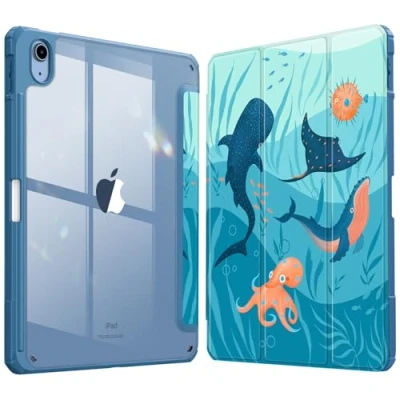 Abbildung von Fintie Hybrid Hülle für iPad 10. Generation 2022 (10.9 Zoll) mit Stifthalter Stoßfeste Schutzhülle transparenter Hartschale auf der Rückseite, Blau Ozean