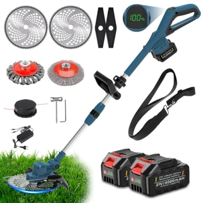 Abbildung von Bürstenloser Rasentrimmer mit Akku &amp; Freischneider Unkrautbürste, für Makita und Garten Trimming, 750w Motor, 180 Collapsible, 90 Trimmwinkel(Inkl2 x 4,0Ah Akku)