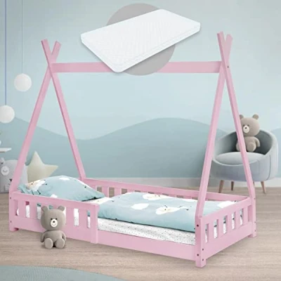 Abbildung von ML Design Kinderbett Tipi 80x160 cm Rosa mit Matratze, Rausfallschutz und Lattenrost, aus Kiefernholz, Indianer Bett Massivholz für Mädchen &amp; Jungen, Hausbett Zaun, Jugendbett Spielbett Holzbett