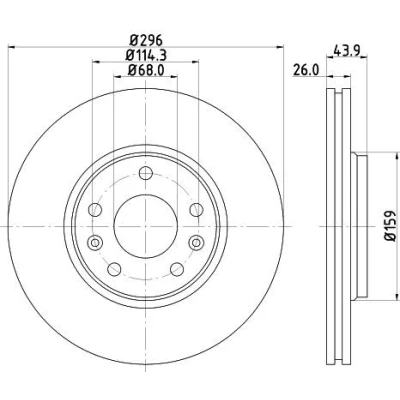 Abbildung von HELLA PRO 8DD 355 116 161 Bremsscheibe 296 26 05/07 114,3 außenbelüftet beschichtet ohne Radbefestigungsbolzen, Radnabe RENAULT: SCENIC 3