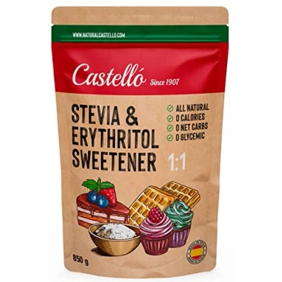 Abbildung von Stevia + Erythrit 1:1 Süßstoff 1g = Zucker 100% Natürlicher Zuckerersatz 0 Kalorien Glykämischer Index Keto und Paleo Netto Kohlenhydrate Kein GVO Castello since 1907 850 g