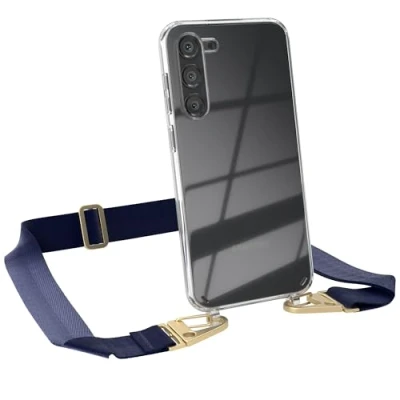 Abbildung von EAZY CASE Hülle mit Band kompatibel Samsung Galaxy S23 Plus Handyhülle Umhängeband für S23+ Silikonhülle Transparent Schutzhülle Handykette zum Umhängen Handykordel in Blau Gold