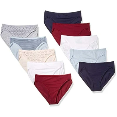Abbildung von Amazon Essentials Damen Slip aus Baumwolle mit hohem Beinschnitt (in Übergröße erhältlich), 10er Pack, Blumenaufdruck/Punkte/Thin Stripe, 46