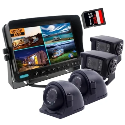 Abbildung von CAMSLEAD 10 Zoll Bildschirm 1080P Rückfahrkamerasystem, eingebauter DVR Recorder, Quad Split Bildschirm, Automonitor + 2X Rückfahrkameras Seitensicherung für Wohnmobilanhänger LKW Anhänger