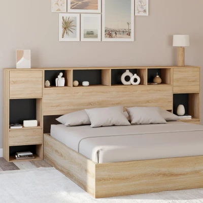 Abbildung von Kopfteil auf Fuß CAMPHA 240 cm mit Schublade + Schränke Nischen Holz und Schwarz IDMarket