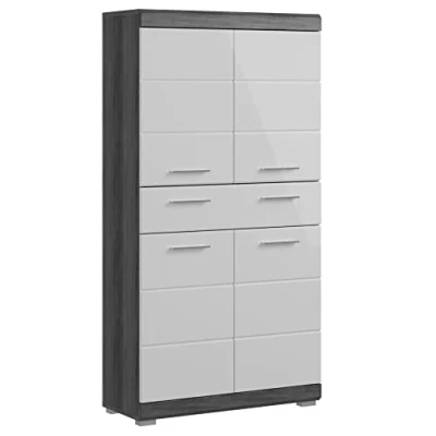 Abbildung von Newroom Schrank Weiß Hochglanz Rauchsilber Badschrank Modern 74x141x31 cm (BxHxT) Hochschrank Badezimmermöbel [Lanzo.Seven] Bad Badezimmer