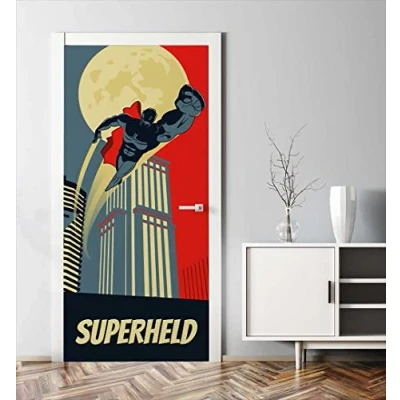 Abbildung von MyMaxxi Tür bekleben mit Türtapete Selbstklebend 90x200 Superheld Flug verschönern Türfolie Türaufkleber XXL Türbilder Türposter Mädchen und Junge