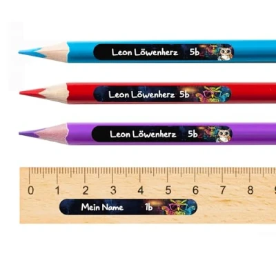 Abbildung von TOBJA Namensaufkleber Kinder Schule personalisiert 96 wasserfeste Sticker mit Namen für Stifte Permanent haftend Süßes Eulen Design Namensschilder (Eule Stifte)