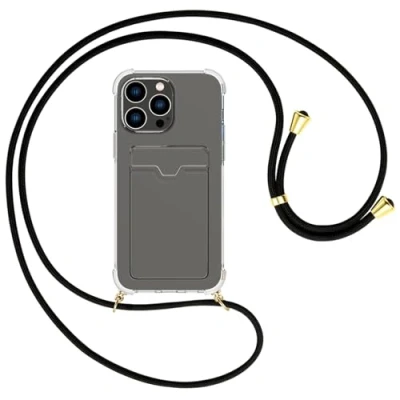 Abbildung von mtb more energy® Handykette mit Kartenfach kompatibel iPhone 15 Pro Max schwarz/Goldfarbene Ösen Smartphone Hülle zum Umhängen Anti Shock Full TPU Case