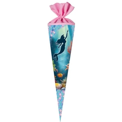 Abbildung von Nestler Schultüten Set zum Befüllen, Handgemachte Zuckertüte aus Karton Motiv Meerjungfrau, Schultüte, Spitzenschutz, Schleife (70 cm rund)