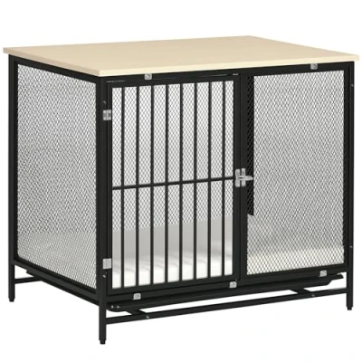 Abbildung von PawHut Hundehütte Haustierkäfig mit Kissen, Eiche+Schwarz 80 x 55 71 cm