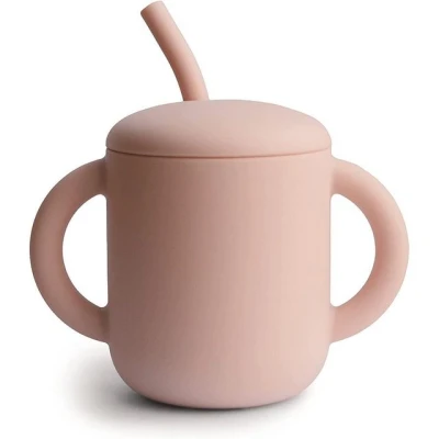 Abbildung von Mushie Kinderbecher Training Cup + Straw, Silikon, Trinklernbecher Trinkhalm Kleinkinder ab 6 Monaten rosa