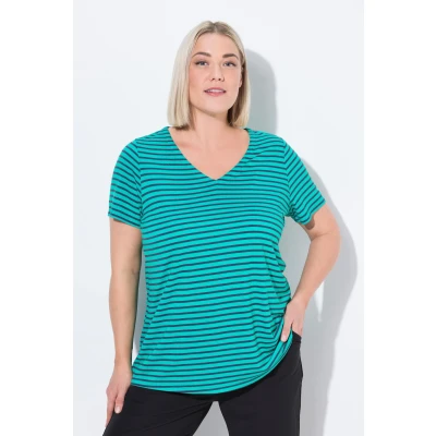 Abbildung von Ulla Popken Striped Antibacterial Short Sleeve Tshirt print, Damen, Größe: 42/44, Turquoise