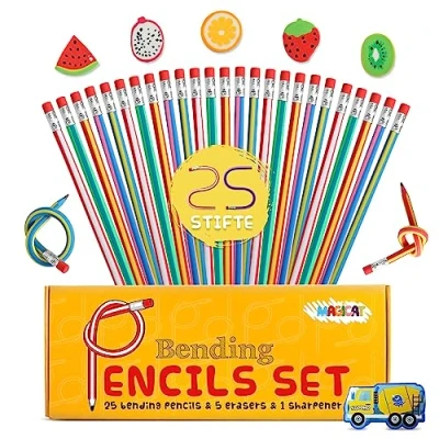 Abbildung von Magicat Premium Biegebleistifte Kinder Set I 25 flexible Bleistifte, 5 süße Radiergummis und 1 Anspitzer Kreatives Mitgebsel für Kindergeburtstag, Party, Schulanfang, Adventskalender