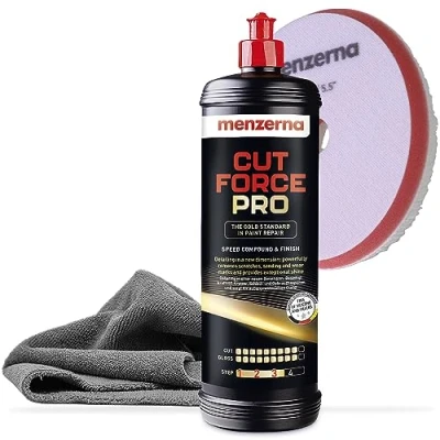 Abbildung von Menzerna Cut Force Pro Auto Politur Set 1000ml 3in1 All in One Autopolitur zum Kratzer entfernen Profi Step Polierpaste Schleifpaste alle Lackarten + Orbital Wool Polierpad Poliertuch 380GSM