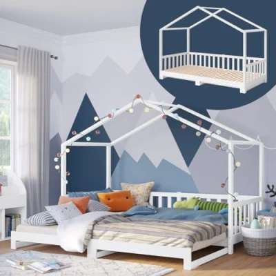 Abbildung von Bellabino Bia Kinderbett 90x200 cm Hausbett ausziebar mit Lattenrost Montessori Kinder Bett aus Massivholz Kiefer für Jungen und Mädchen inkl. Ausziehbett