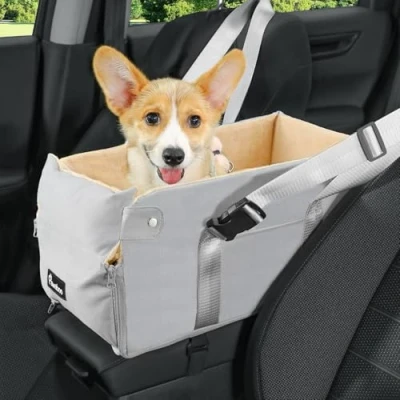 Abbildung von Pawaboo Hunde Autositz für kleine Hunde, Mittelkonsolen Hundesitzerhöhung, Verdicktes Hundeautositz mit Weichem Plüsch, Hundbett Befestigung und Sicherheitsleine, bis zu 15lbs, Grau + Beige