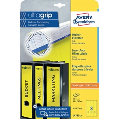 Abbildung von AVERY Zweckform L4755 20 Ordnerrücken Etiketten (60 Rückenschilder mit ultragrip, 61x297mm auf A4, breit/lang, selbstklebend, absolut blickdicht, bedruckbare Ordneretiketten) Blatt, gelb