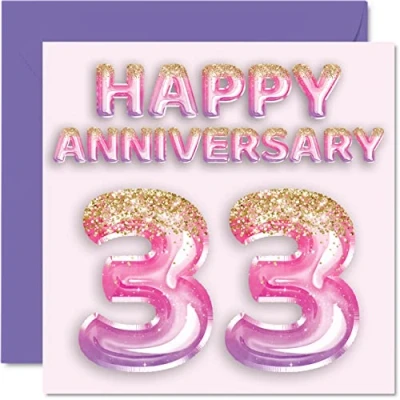 Abbildung von Stuff4 Hübsche Karte zum 33. Jahrestag für Ehefrau, Freundin, Ehemann, Freund, rosa lila Glitzerballons Happy 33 Jahrestagskarten aus der Familie, 145 mm x Grußkarten Jubiläen