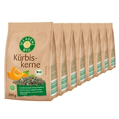 Abbildung von 8x CLASEN BIO Kürbiskerne geschält, ideal als Snacks und zum Verfeinern 200 g