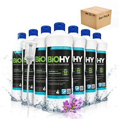 Abbildung von BiOHY Profi Fensterreiniger (9 x 1 Liter) + Dosierer Glasreiniger Konzentrat für Fenstersauger geeignet streifenfreie Reinigung von Glas , Fenster &amp; Spiegelflächen ideal Haushalt Auto
