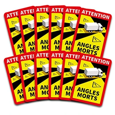 Abbildung von Attention Angles Morts Aufkleber je 25x17cm für Fahrzeuge Pflicht ab 3,5 t in Frankreich Warnung Toter Winkel Sticker selbstklebend uv beständig wetterfest R143 (LKW, 12 Stück)