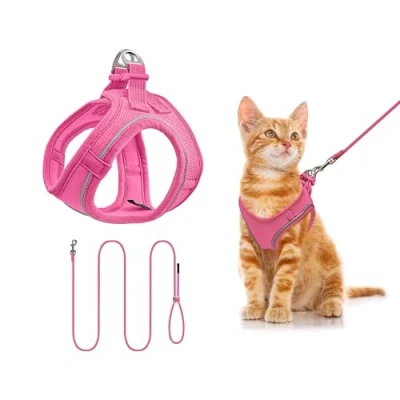 Abbildung von Qianruida Katzengeschirr, Anti Ausbruch, reflektierend, verstellbar, atmungsaktiv, Geschirr für kleine Hunde, Katzen und Hunde zum Gehen, Laufen (ROSEO S)