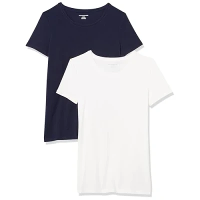 Abbildung von Amazon Essentials Damen Kurzärmeliges T Shirt mit Rundhalsausschnitt, Klassischer Schnitt, 2er Pack, Marineblau/Weiß, XL