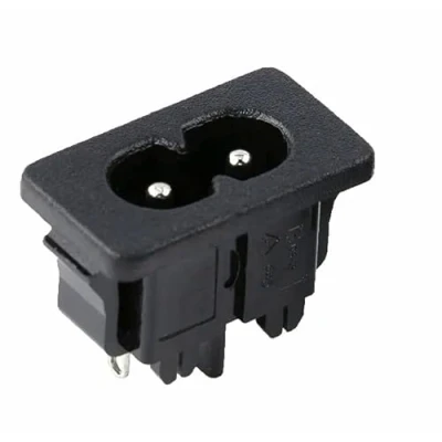 Abbildung von Kaltgeräte Steckverbinder C8 Buchse mit Snap In Einbau, Belastbarkeit bis 250V/2A, Öffnungsmaße ca. 23,5x12,2mm, Rahmenmaße 28x16mm, Einbautiefe 19mm