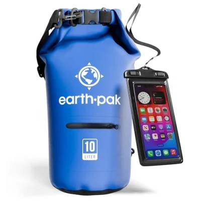 Abbildung von Earth Pak Dry Bag Wasserdichter Packsack mit Reißverschluss Tasche, Schultergurt und wasserfester Handyhülle Ideal beim Kajak Fahren, Camping, Angeln, Bootfahren Rafting (Blau, 5L)