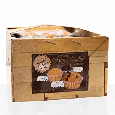Abbildung von Hellma Mini Muffins in 3 Sorten 4 x 60 Portionen im Körbchen Karton