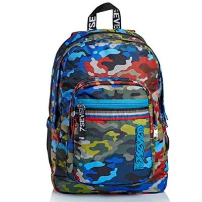 Abbildung von Seven Rucksack für Schule, Sport und Freizeit, Geräumige Schultasche Teenager, Mädchen Jungen, mit Trinkflaschenfach, blau, praktisch USB Anschluss, BROADER ADVENTURE CAMO