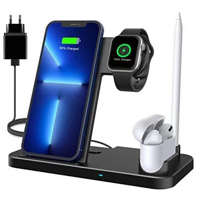 Abbildung von Wireless Charger,4 in 1 Induktive ladestation Mit 18W Schnelles Adapter für Apple Watch Airpods Pro, Qi Zertifiziert Kabelloses Ladegerät iPhone 12/SE/11/X/XR/Xs Max/8, Samsung Galaxy S20/S10