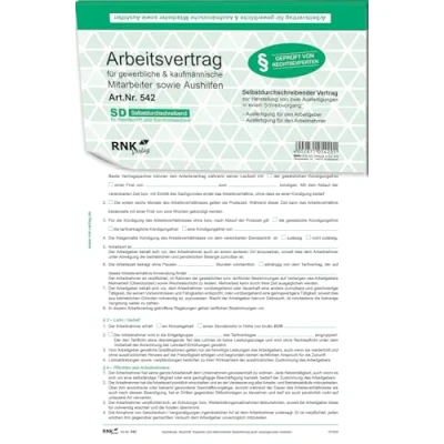 Abbildung von RNKVERLAG 542/10 Arbeitsvertrag für gewerbliche Arbeitnehmer, DIN A4, selbstdurchschreibend, 10 Verträge