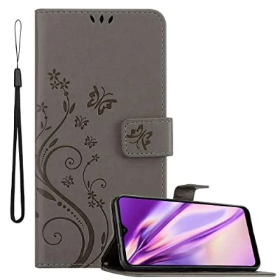 Abbildung von Cadorabo Hülle kompatibel mit Samsung Galaxy A20s Blumen Design aus Premium Kunst Leder Flip Klappbare Stoßfeste Magnetische [Standfunktion] [Kartenfächern] Cover für Tasche in Grau