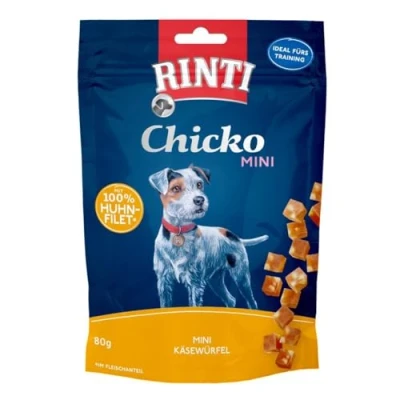 Abbildung von Rinti Chicko Mini Käsewürfel mit Huhn 12er Pack 12 x 80 g Aus frischem Hühnerbrustfilet zubereitet Schonend luftgetrocknet Wiederverschließbar Ohne Soja und Fleischmehle