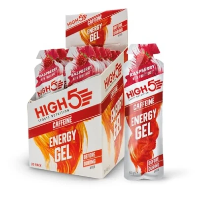 Abbildung von HIGH5 Energy Gel, Energie Gel im schnell zu öffnenden Portionsbeutel, mit natürlichem Fruchtsaft (Himbeere Koffein, 20 x 40g)