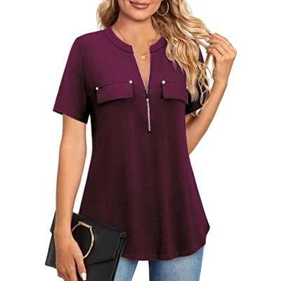 Abbildung von Amrto Damen V Ausschnitt Shirt Kurzarm T Casual Bluse mit Reißverschluss Tunika Tops, Wein M