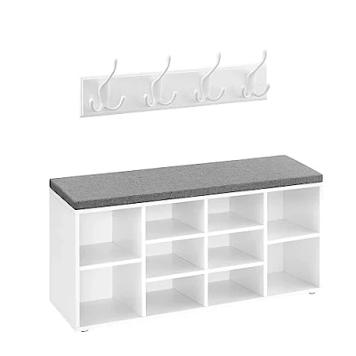 Abbildung von VASAGLE Garderobe Schuhbank Set, Garderobenleiste 4 Dreifach Haken, Schuhregal mit 10 offenen Fächern, Wandgarderobe, Kleiderhaken, Sitzbank, Garderobenhaken für Flur, weiß grau LSR130W10