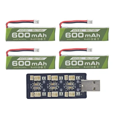 Abbildung von ZYGY 4PCS 1S 3.8V 80C 600mAh Lithiumbatterie mit JST PH 2.0 Stecker und sechs Kanal USB Ladegerät passend für Cineahoop Tinyhawk Mini FPV Racing RC Fernbedienung Flugzeug