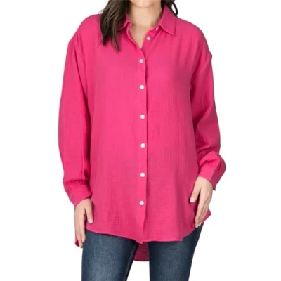 Abbildung von DENIMFY Musseline Bluse Damen Oversized DFMathilda Hemdbluse Sommer Langarm Knopfleiste Einfarbig 100% Baumwolle Pink L XL, Größe:L/XL, Farben:Cocktail