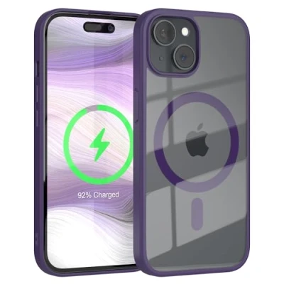 Abbildung von EAZY CASE Crystal TPU Hülle kompatibel mit iPhone 15 Qi Charging, Silikon Kameraschutz, Slimcover, Handyhülle, Silikonhülle, Backcover, Durchsichtig, Transparent/Lila