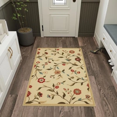 Abbildung von Ottomanson Ottohome Kollektion Teppich mit Gummirückseite und modernem Blätter Design, 100 cm x 150 cm, Beige
